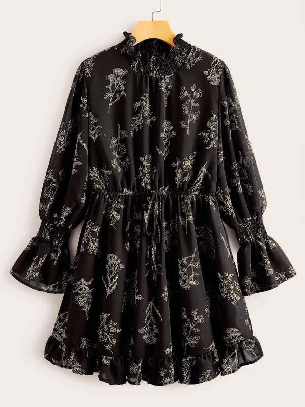 

Plus Plants Print Shirred Ruffle Hem Dress, Black