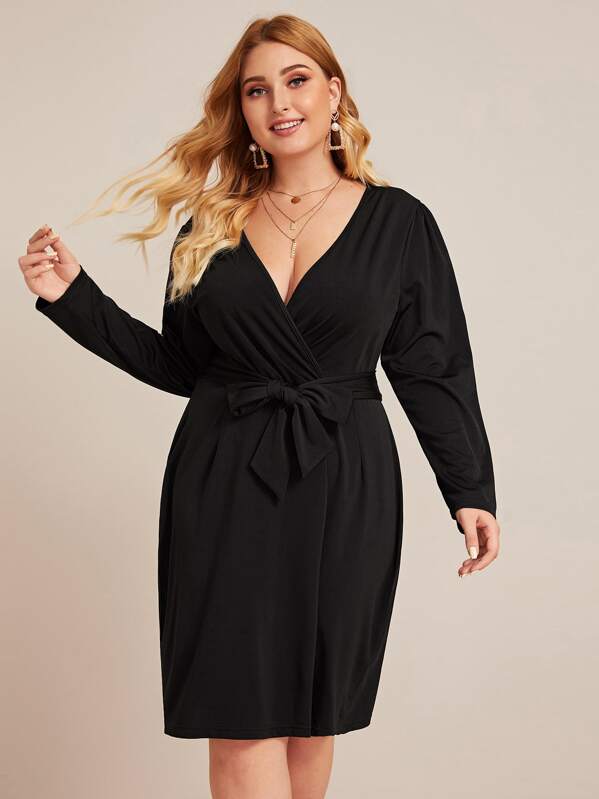 

Plus Surplice Neck Self Tie Fitted Dress, Black, Nora