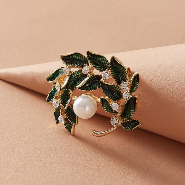 

1pc Faux Pearl Decor Leaf Wreath Brooch, Multicolor