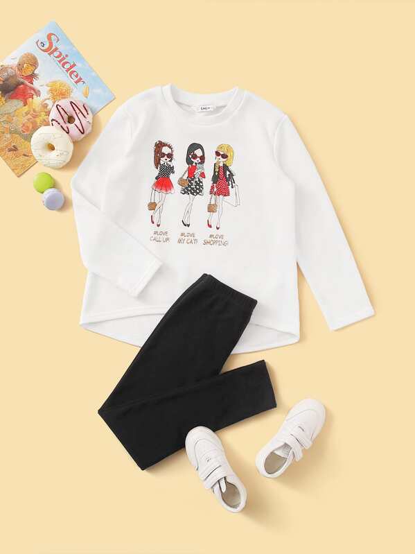 

Girls Glitter Letter Detail Figure Print Top & Pants Set, Black and white