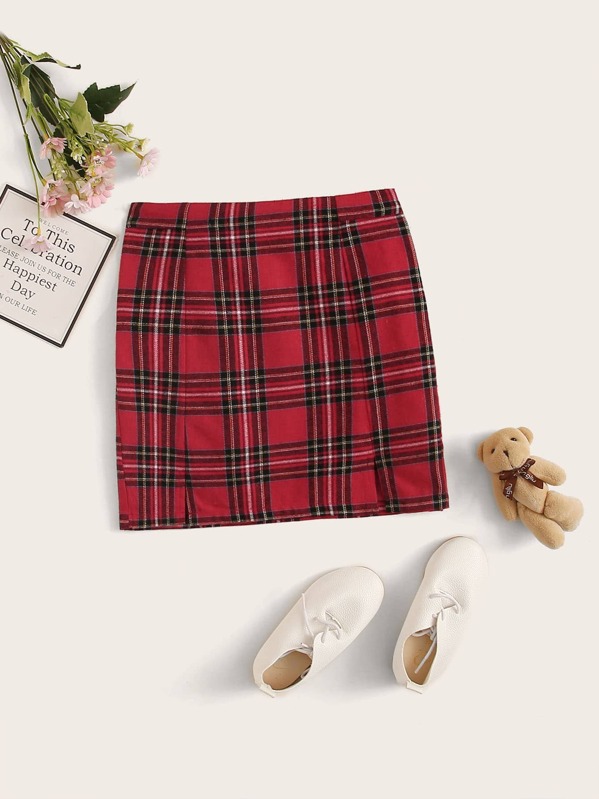 

Girls Elastic Waist Tartan Skirt, Red