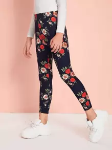 SHEIN 女孩彈性腰花卉圖案緊身褲 - 彩色 - 查看 1