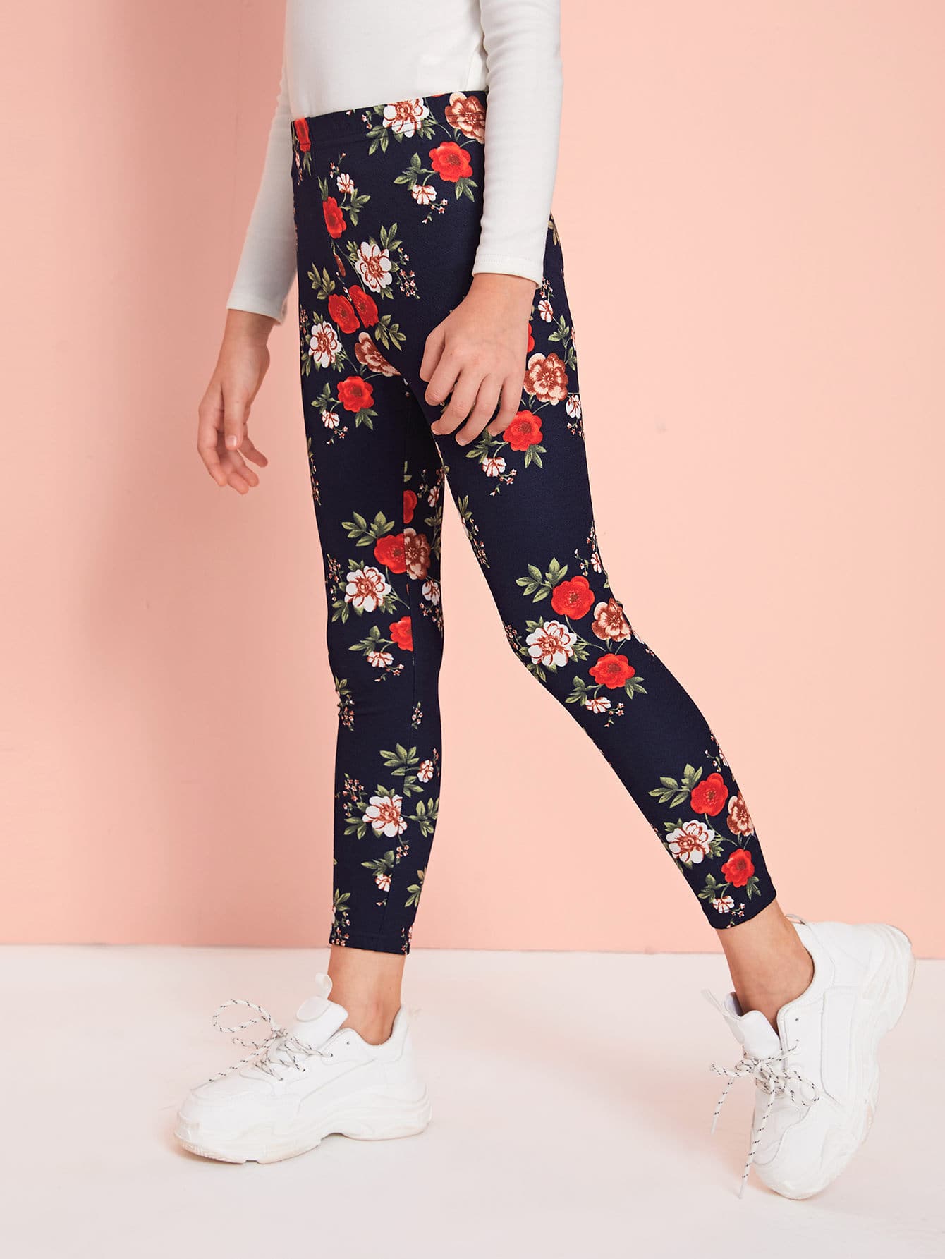 SHEIN 女孩彈性腰花卉圖案緊身褲 - 彩色 - 查看 1