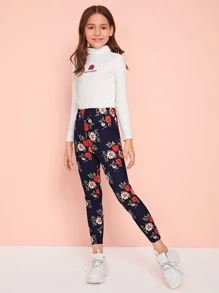 SHEIN 女孩彈性腰花卉圖案緊身褲 - 彩色 - 查看 3