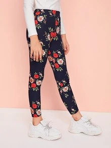 SHEIN 女孩彈性腰花卉圖案緊身褲 - 彩色 - 查看 4