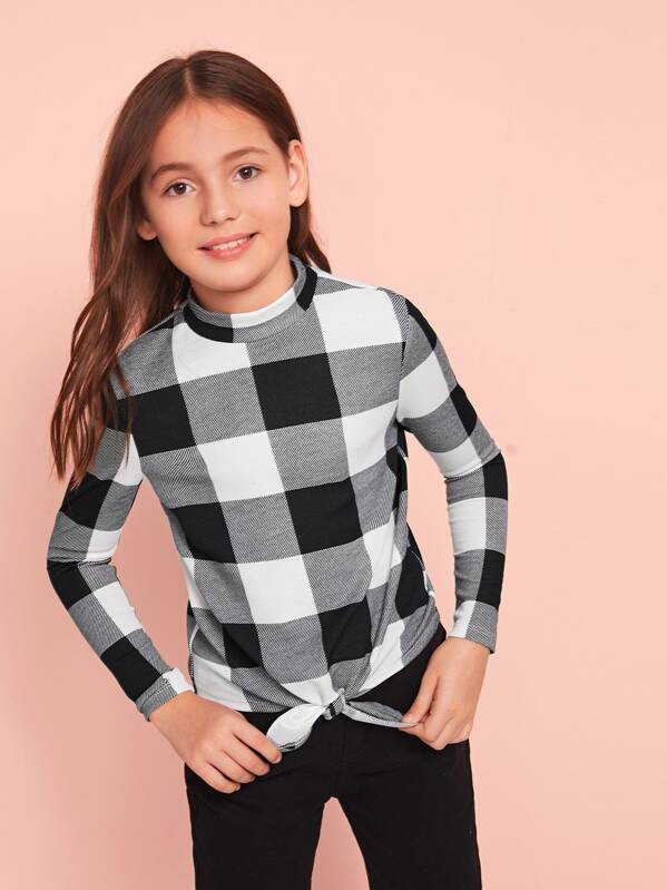 

Girls Mock Neck Knot Hem Buffalo Plaid Tee, Black and white, Alice A