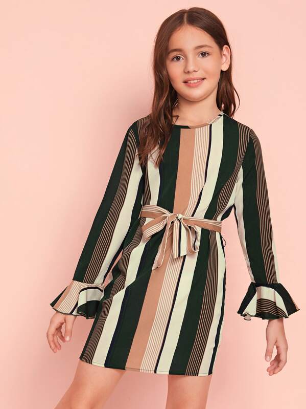 

Girls Self Belted Flounce Sleeve Striped Dress, Multicolor, Alice A