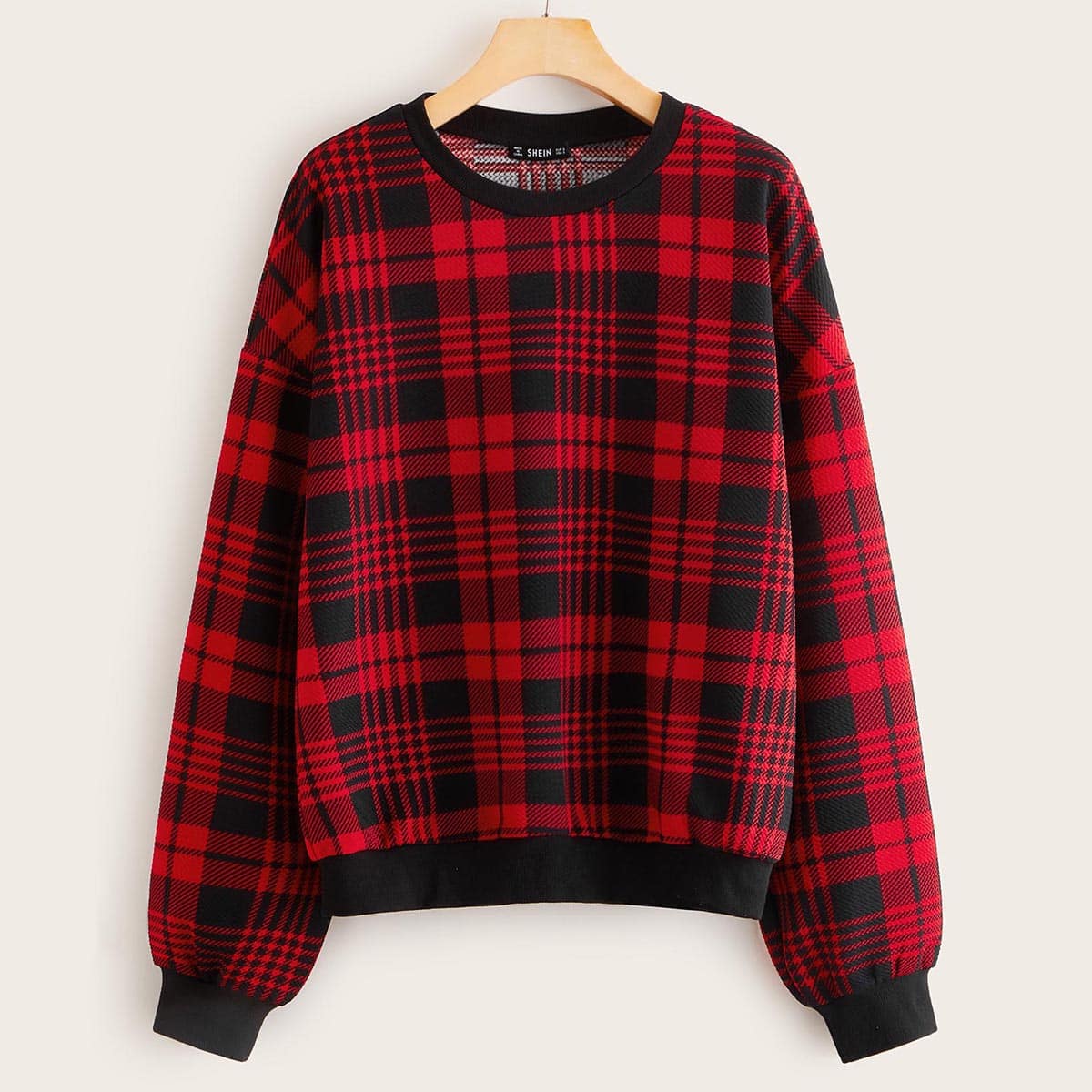 

Drop Shoulder Contrast Trim Plaid Pullover, Red