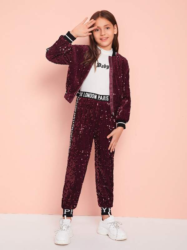 

Girls Letter Tape Side Sequin Bomber Jacket and Joggers Set, Burgundy, Alice A