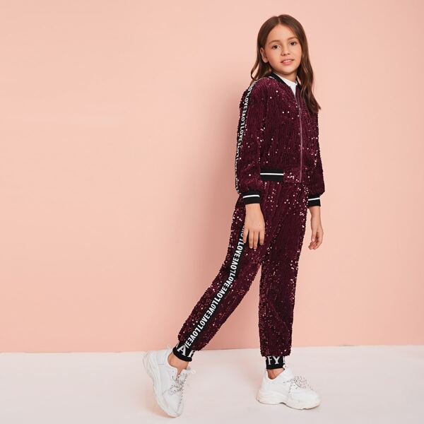 

Girls Letter Tape Side Sequin Bomber Jacket and Joggers Set, Burgundy