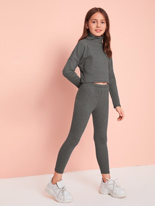 

Girls Rolled Neck Rib-knit Tee and Leggings Set, Grey, Alice A