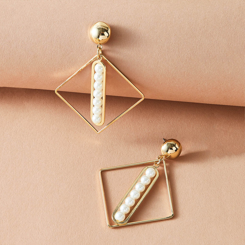 

1pair Faux Pearl Decor Geometric Drop Earrings, Gold