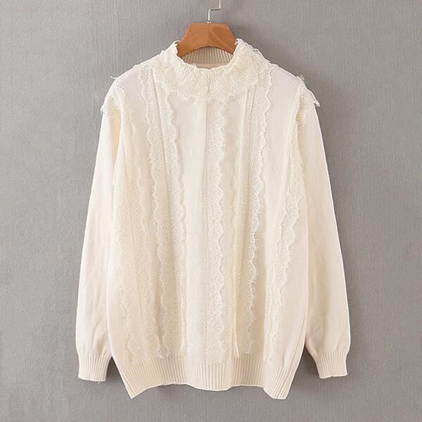 

Mock Neck Contrast Lace Sweater, Beige