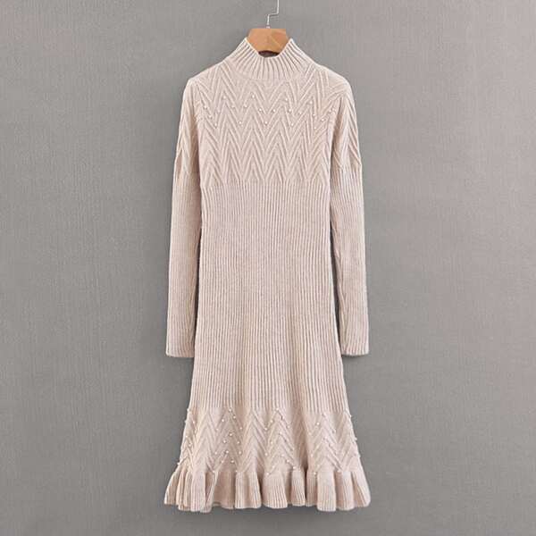

Pearls Detail Ruffle Hem Sweater Dress, Nude