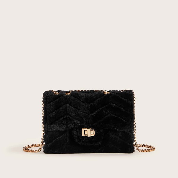 

Twist Lock Faux Fur Chain Crossbody Bag, Black