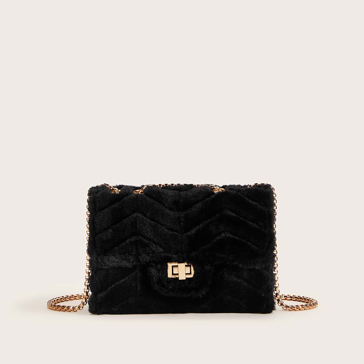 

Twist Lock Faux Fur Chain Crossbody Bag, Black