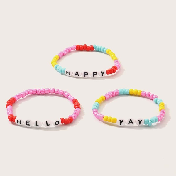 

3pcs Girls Letter Engraved Beaded Bracelet, Multicolor