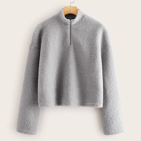 

Zip Half Placket Solid Teddy Sweatshirt, Grey