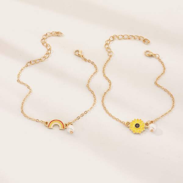 

2pcs Girls Rainbow & Flower Charm Bracelet, Gold