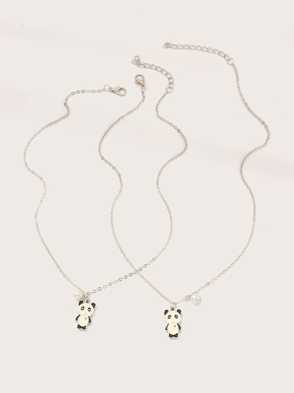 

2pcs Girls Faux Pearl Decor Panda Pendant Necklace, Silver