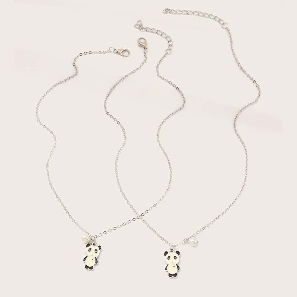 

2pcs Girls Faux Pearl Decor Panda Pendant Necklace, Silver