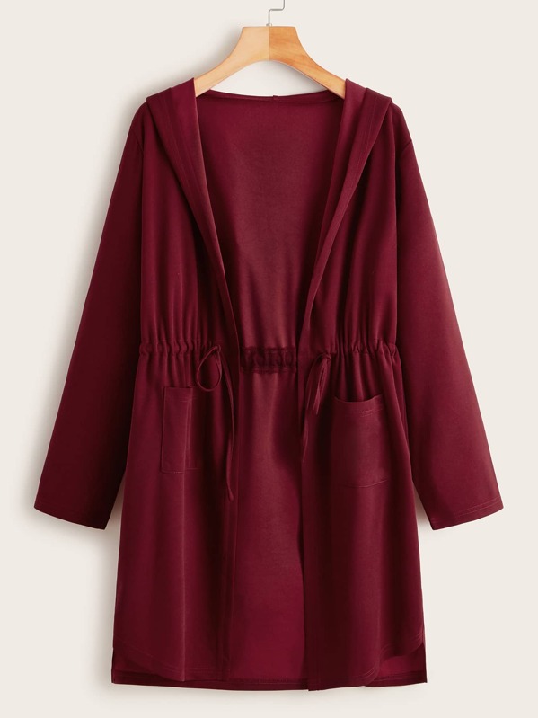 

Solid Drawstring Waist Hooded Coat, Burgundy