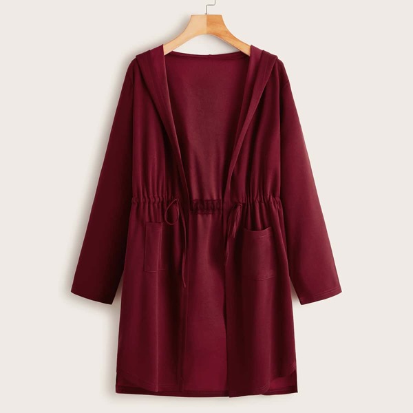 

Solid Drawstring Waist Hooded Coat, Burgundy
