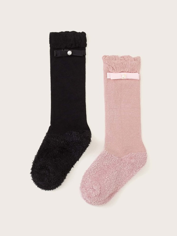 

2pairs Toddler Girls Faux Pearl & Bow Knot Decor Socks, Multicolor