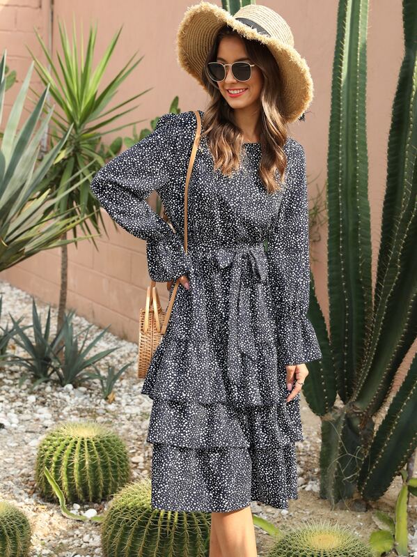 

Dalmatian Print Belted Layered Hem Dress, Navy, Debi Cruz