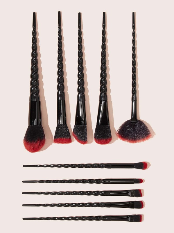 

10pcs Braided Handle Fan Shaped Makeup Brush Set, Black