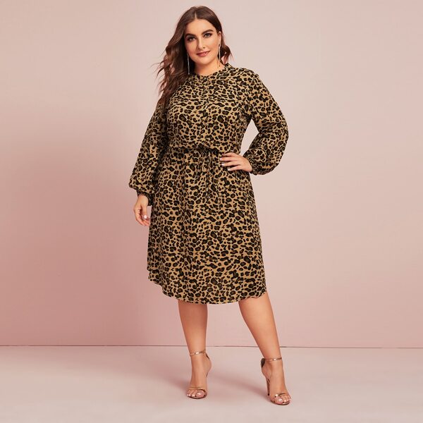 

Plus Leopard Print Bishop Sleeve Shirt Dress, Multicolor