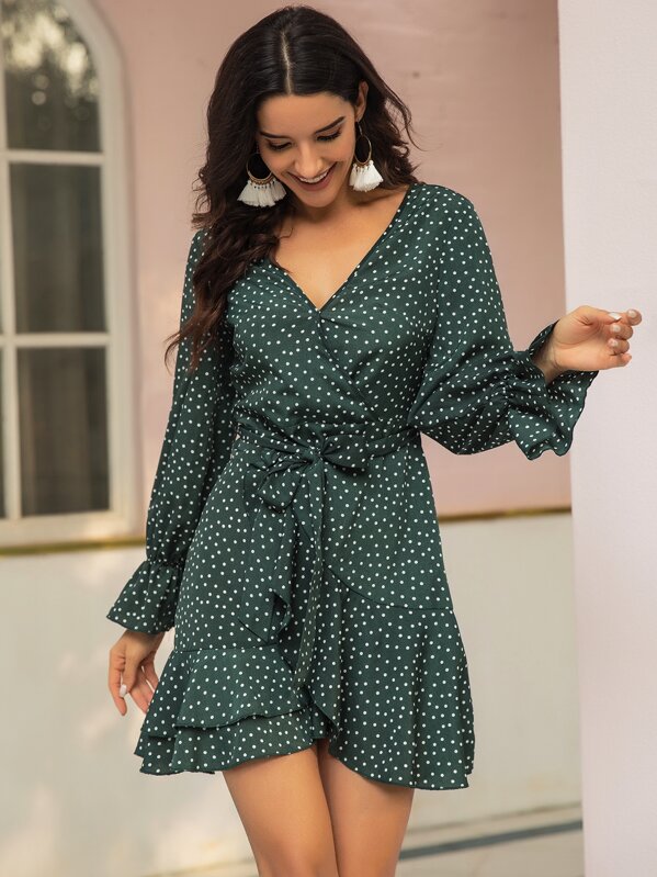 

Polka Dot Self Tie Ruffle Hem Dress, Green, Juliana