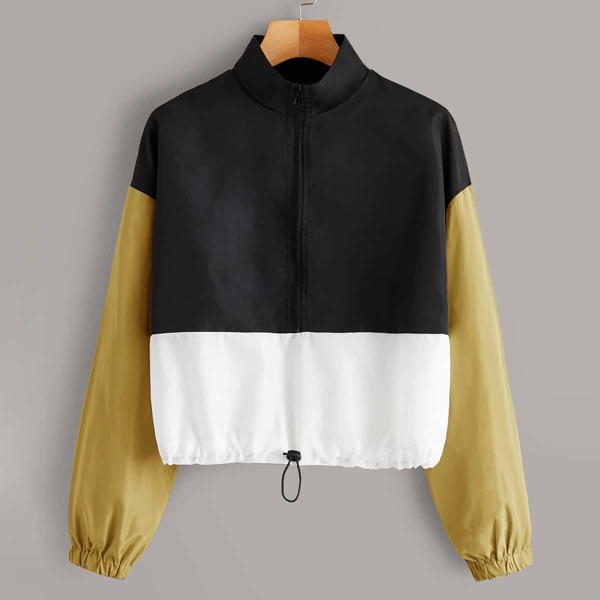 

Contrast Panel Drawstring Hem Windbreaker Jacket, Multicolor