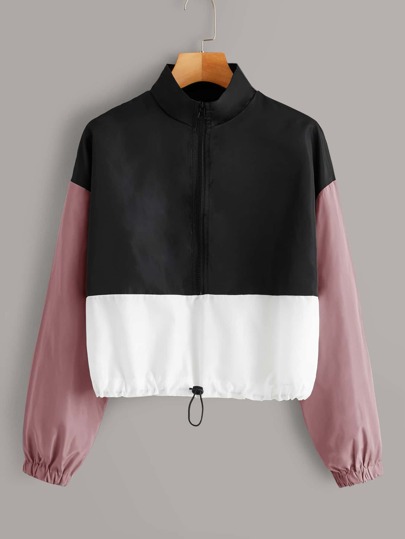 Contrast Panel Drawstring Hem Windbreaker Jacket
