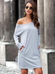 SHEIN LUNE Vestido camiseta con bolsillo oblicuo de cuello barco - Gris - Ver 3