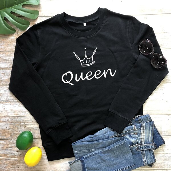 

Letter And Crown Print Crew Neck Sweatshirt, Black