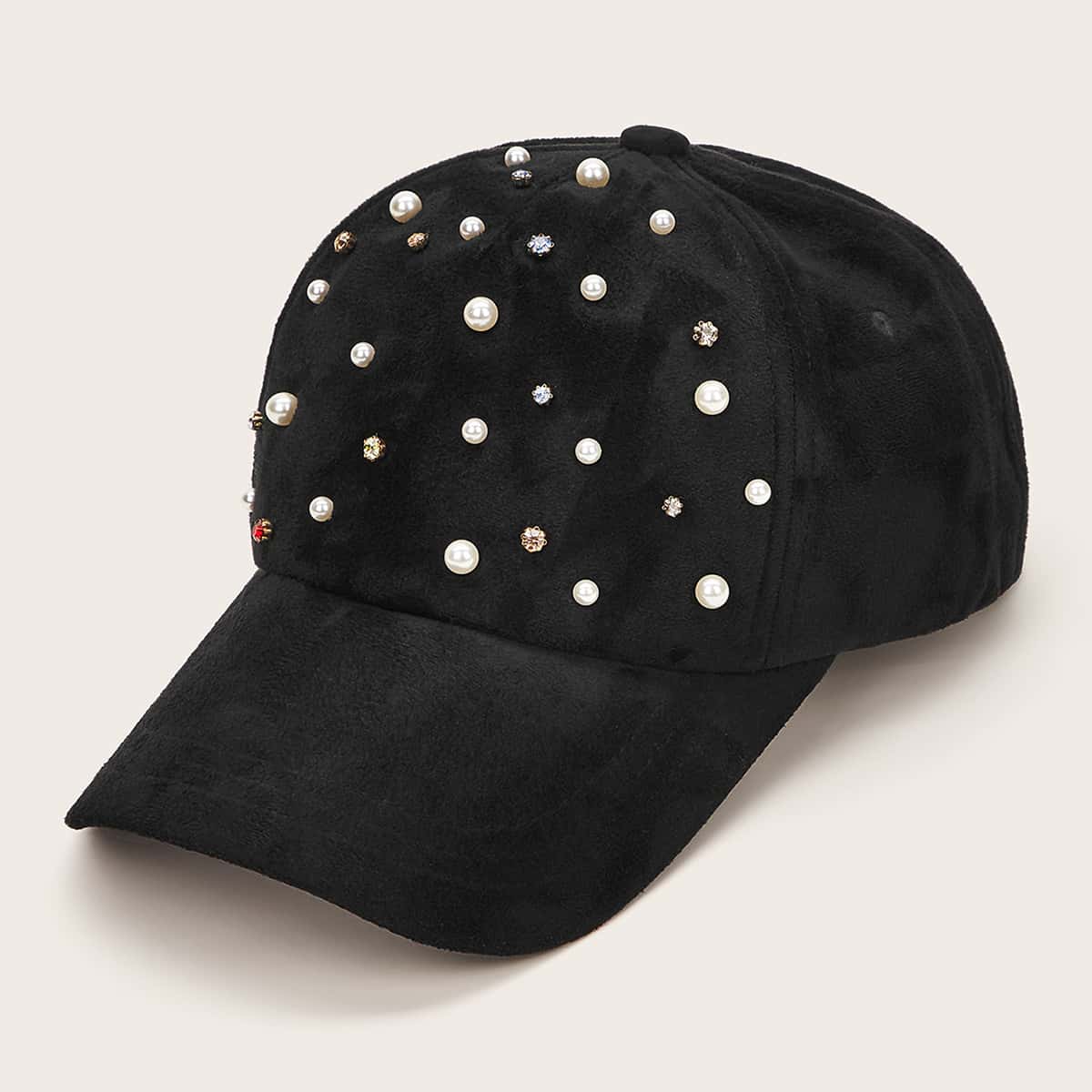 

Rhinestone & Faux Pearl Decor Baseball Cap, Black