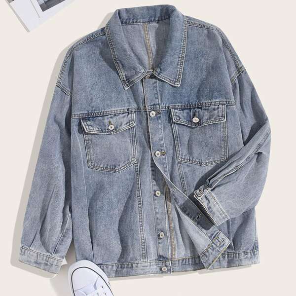 

Men Single-breasted Flap Pocket Denim Jacket, Blue