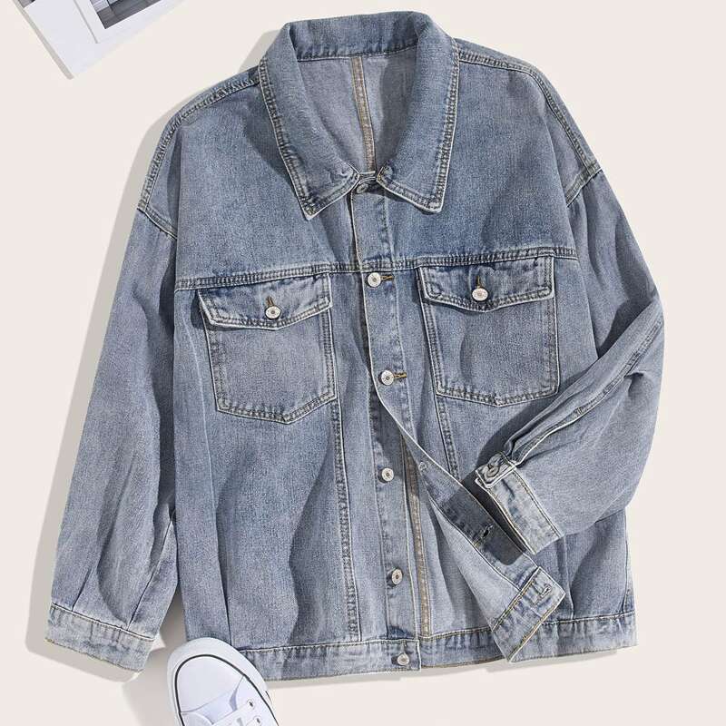 

Guys Single-breasted Flap Pocket Denim Jacket, Blue