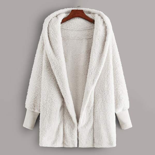 

Open Front Hooded Teddy Coat, White