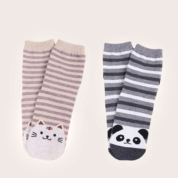 

2pairs Kids Striped & Cartoon Pattern Socks, Multicolor