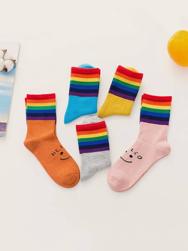 

5pairs Kids Rainbow Striped Pattern Socks, Multicolor