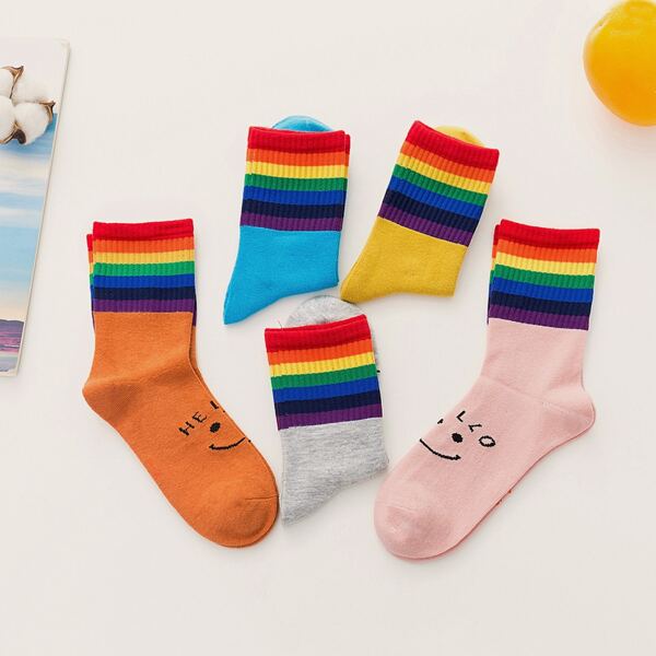 

5pairs Kids Rainbow Striped Pattern Socks, Multicolor