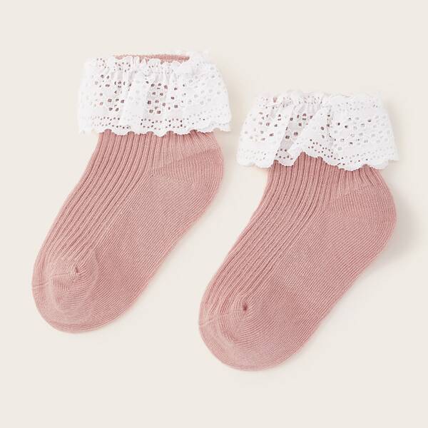 

1pair Girls Lace Trim Socks, Pink
