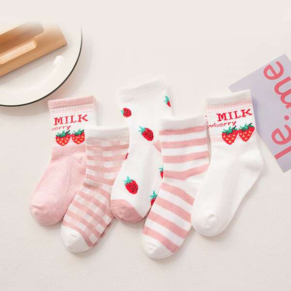 

5pairs Girls Strawberry & Striped Pattern Socks, Multicolor