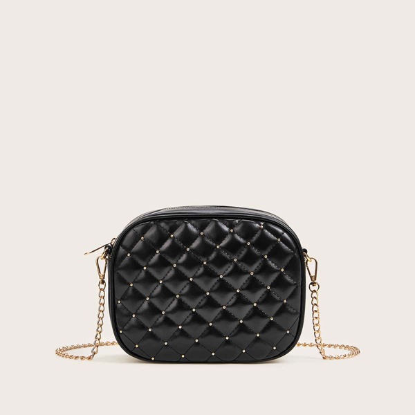 

Studded Decor Quilted Chain Bag, Black