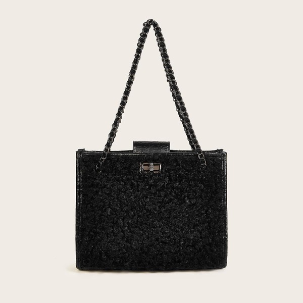 

Twist Lock Fluffy Chain Tote Bag, Black