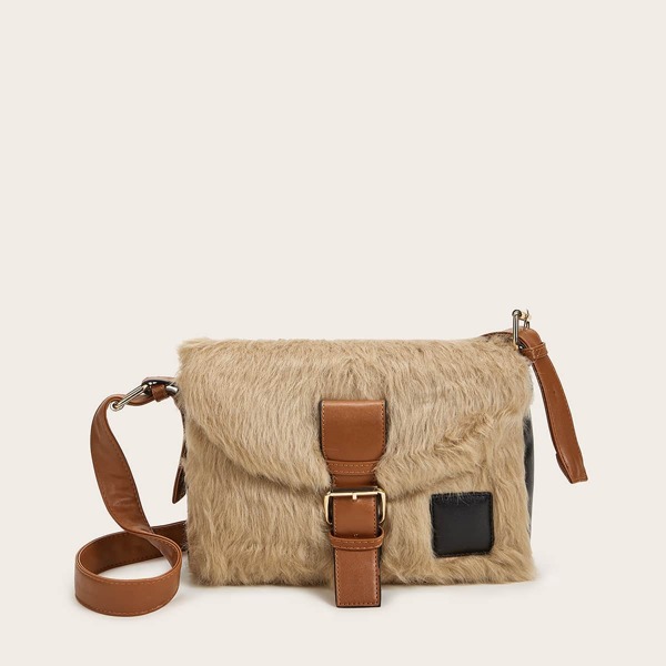 

Faux Fur Buckle Strap Tote Bag, Khaki