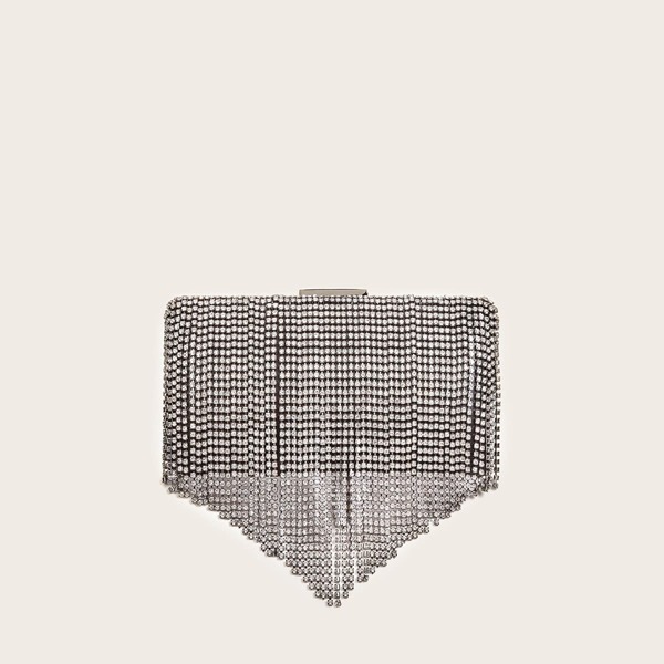 

Rhinestone Decor Fringe Clip Top Clutch Bag, Black