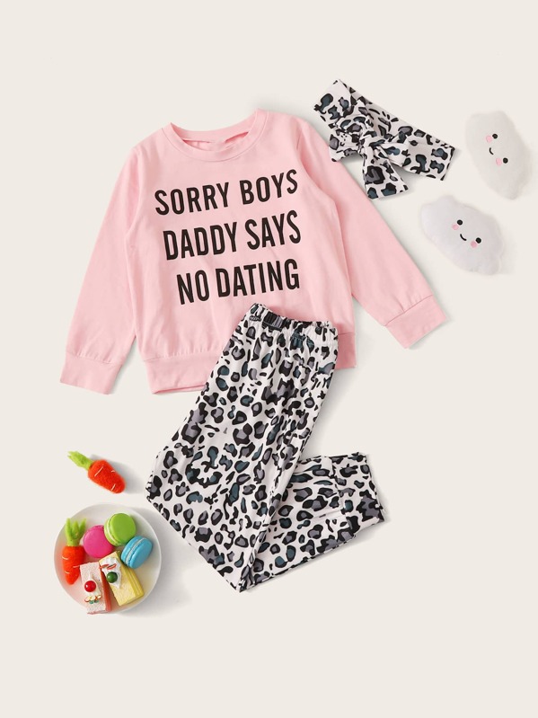 

Toddler Girls Slogan Graphic Sweatshirt & Leopard Pants & Headband, Multicolor